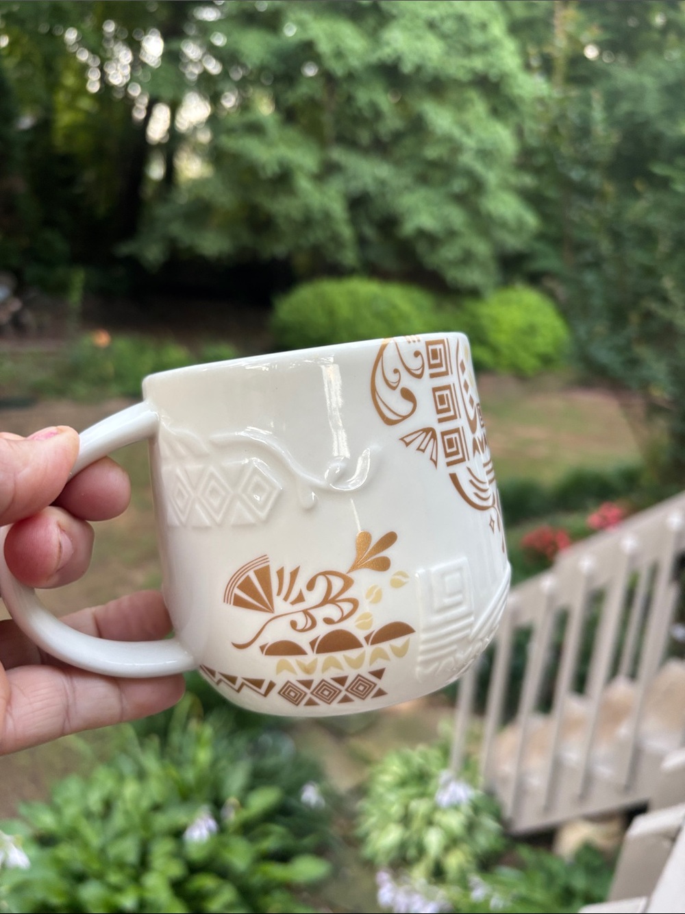 Starbucks White Ceramic Mug with Gold Patterned Accents